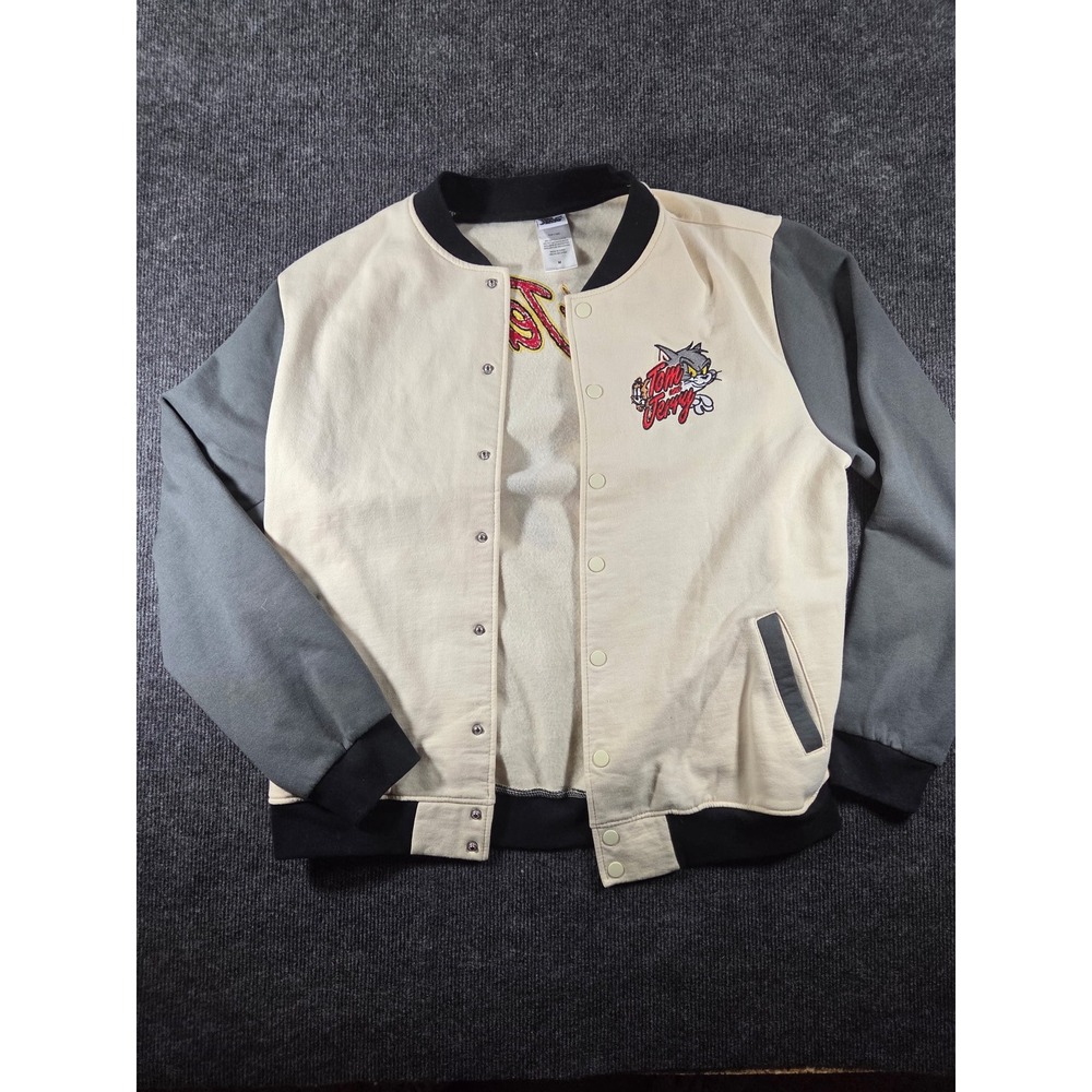 Tom and Jerry Varsity Bomber Jacket Cream Grey Mens Medium RN71868 Graphic